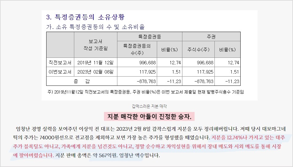 아들 지분 매각